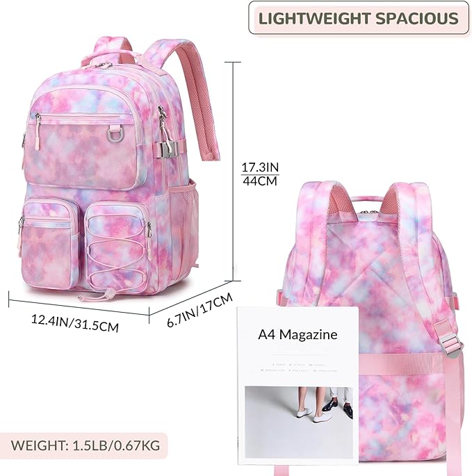 Lohol Multi-Pocket Backpack for Travel College, Heavy Duty Big Bookbag with 15.6 inch Laptop Compartment (Pink Galaxy