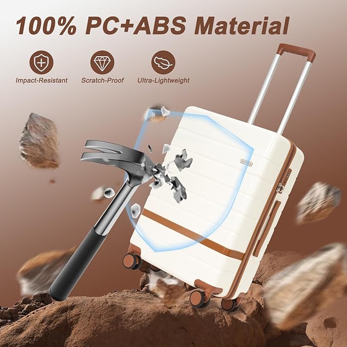 5-Piece Luggage Sets with 8 Smooth Spinner Wheels, Hard shell ABS+PC Luggage, Travel Suitcases with TSA Lock, YKK Zippers (20/24/28/DB/TB Beige)