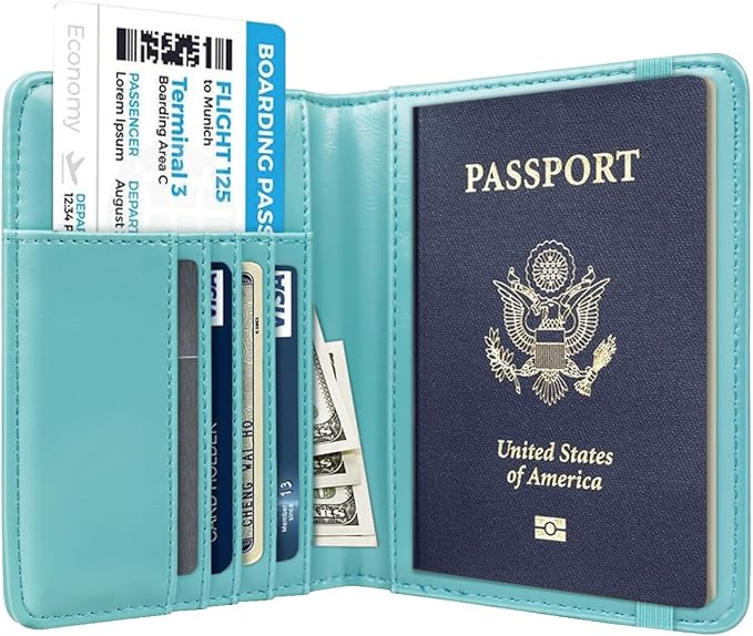 Passport Holder Cover, RFID Travel Wallet Credit Card Holder Blue Green Cute Floral Passport Book Holders for Women with Elastic Band and Golden Metal Decoration, Blue Flowers