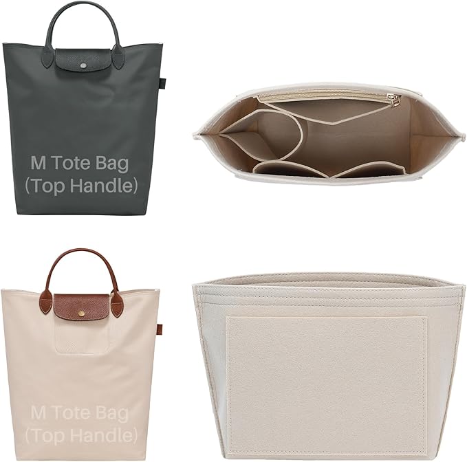 Premium Felt Purse Organizer Insert for Longchamp Le Pliage, Zipper Long Champ Bag Organizer Insert with Cup Holder, 8 Compartments