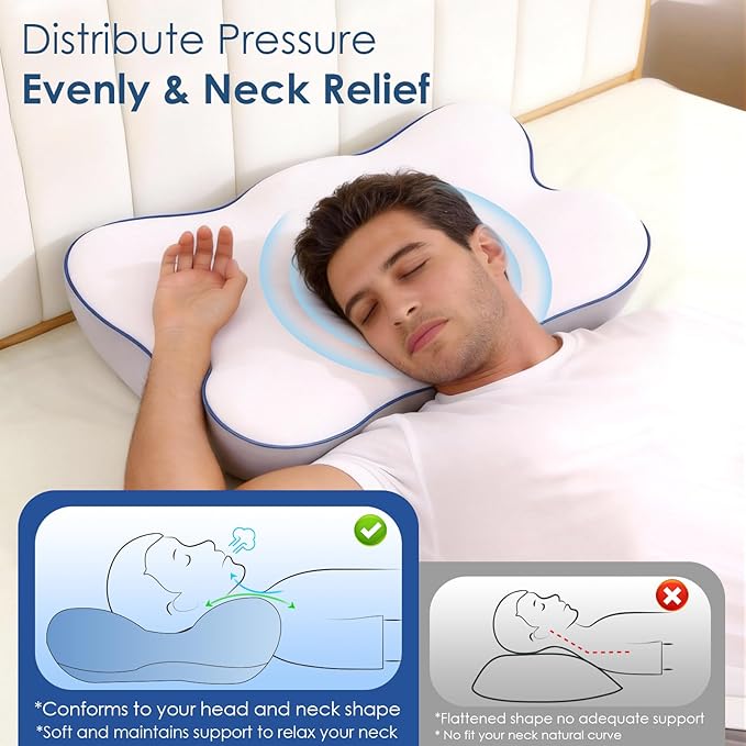 Cervical Neck Pillow for Pain Relief, Ergonomic Side Sleeper Pillow for Neck Support, Cooling Memory Foam Pillows Contour Orthopedic Bed Pillow for Back Stomach Sleepers (White)