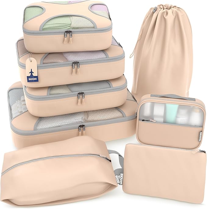 Shacke Packing Cubes for Travel 8 Set - Compression Luggage Organizer Bags - Versatile Travel Organizer for Women and Men - Optimized Packing Bags - Travel Essentials (Nude Biege)