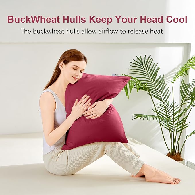 Organic Buckwheat Pillow for Sleeping with Dual-Layer Pillowcase and Extra Tartary Buckwheat Hulls, Adjust Height and Firmness, Neck Support Pillow for Back and Side Sleepers 20"x26", Burgundy