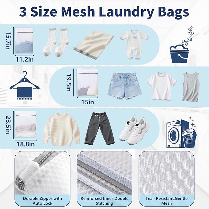 150L Laundry Bag Backpack with 3 Sizes Mesh Wash Bags and Shoulder Straps Foldable Clothes Hamper Bag with Drawstring Closure for College, Apartment, Laundromat (Pale Blue)