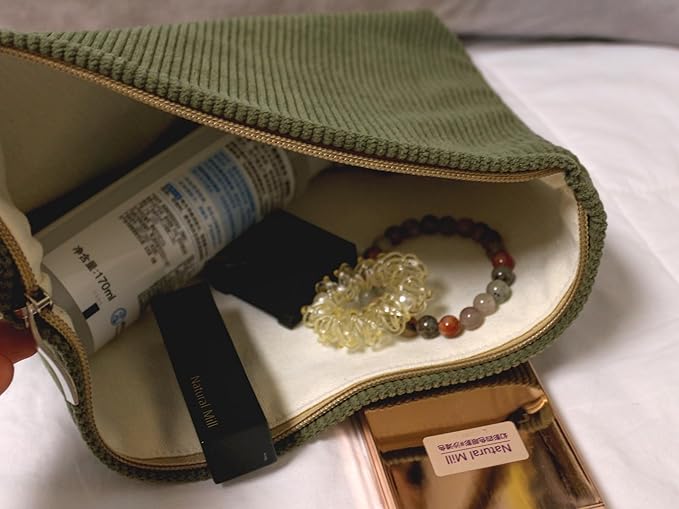 HAPPYHEIDI Corduroy Makeup Bag with Compartment Cosmetic Toiletry Travel Pouch, Make Up Accessory Organizer, Zipper Closure, Canvas Lined