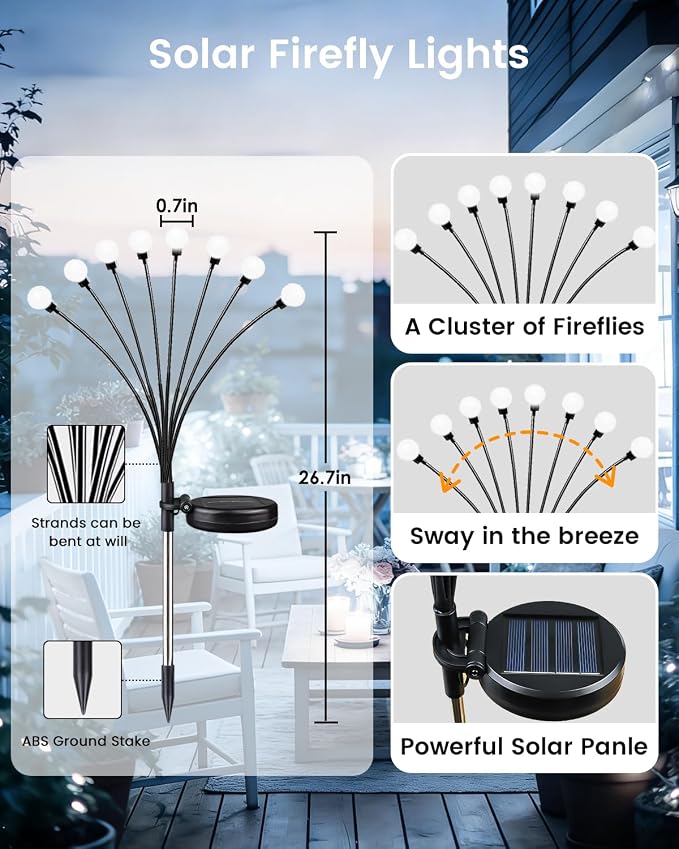 OZS 12 Pack Total 96 LED Solar Garden Lights Fairy Outdoor - Solar Firefly Lights Outdoor, Sway by Wind, Waterproof for Garden Patio Pathway Fairy Decoration (Cool White)