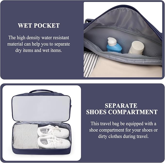 Weekender Bags for Women,Personal Item Travel Bag with Shoes Compartment,Overnight Travel Duffel Bag with Wet Pocket and Separate Toiletry Bag,Gym Bag