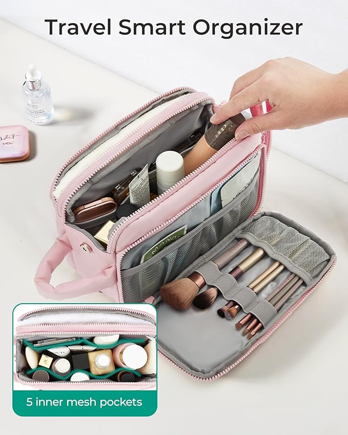 BAGSMART Travel Makeup Bag Organizer, Puffy Make Up Bag, Cosmetic Organizer Case for Travel Essentials Toiletries Accessories Bottles, Brushes (Pink)