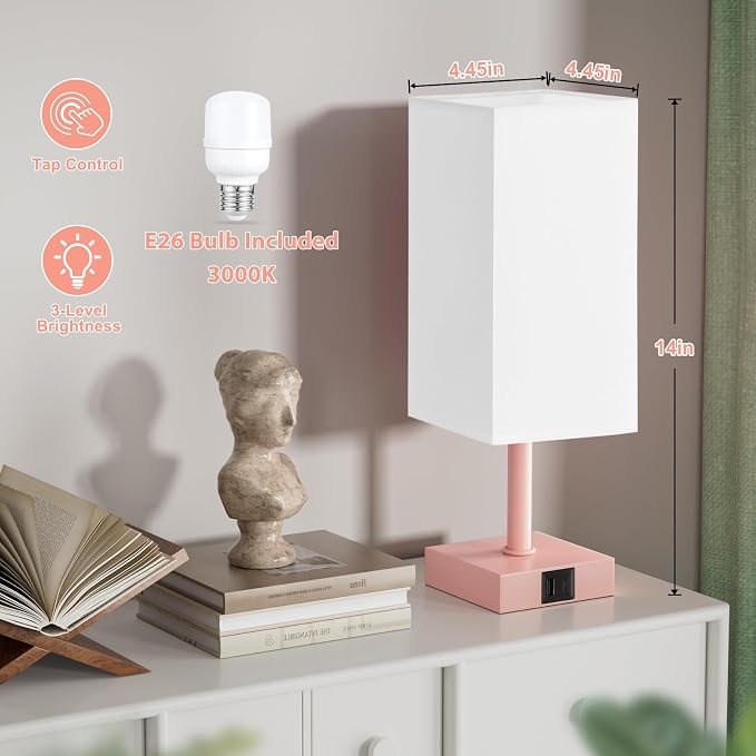 Touch Table Lamp for Bedroom - Dimmable, USB C+A, White Lamphade Pink Base | 3-Way Dimmable, 3000K LED Bulb Included, Square Lampshade, Cute Room Decor for Teen Girls, Kids, Small Lamp for Dorm, Nursery