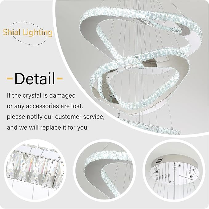 Modern Led Chandelier Adjustable 3 Rings Crystal Chandelier for Living Room Foyer Stairwell Lighting High Ceiling Light Dimmable 2700K-6000K