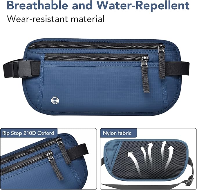 Travel Money Belt Hidden Passport Holder for Men/Women- RFID Blocking- Slim Anti-Theft Waist Wallet under Clothes,Travel Wallet Money Pouch, Travel Belt Fits Passport Phone Cash Cards (Navy Blue)