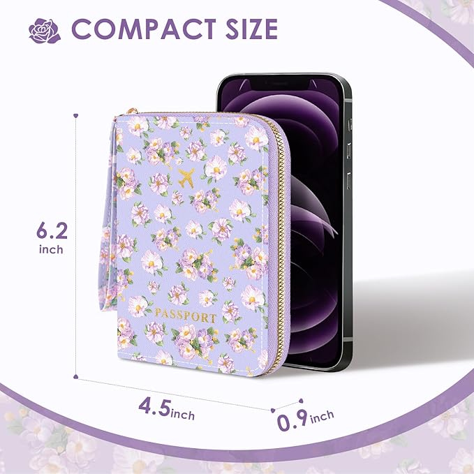 KONVINIT Passport Holder For Travel, RFID Blocking Leather Passport Cover For Travel Accessories, Passport Wallet with Zipper Closure, Cute Passport Book for Women and Men, Purple Flowers