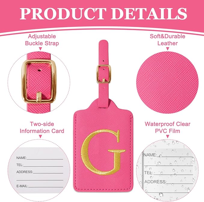 Personalized Initial Luggage Tags for Suitcases,Leather Letter Cute Luggage Tags with Privacy Name Card,Embroidered Monogrammed Travel Bag Backpack Tag Gifts for Women Kids Girls Teens(Rosered-G)