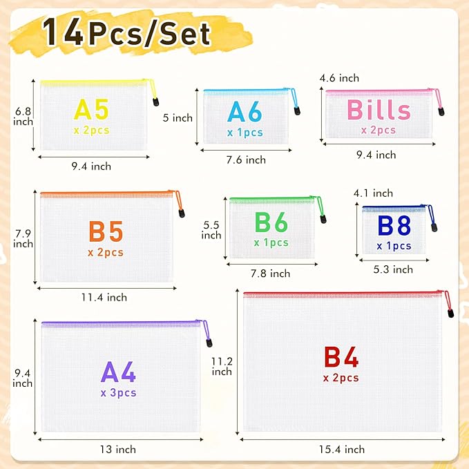 14pcs Mesh Zipper Pouch Bags, 8 Sizes Plastic Zippered Storage Bags for Organizing, Clear Pouches with Zipper, Waterproof Mesh Pouch for Office School Supplies, Home Organize, Travel Storage