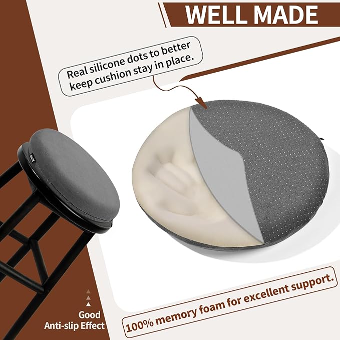 BUYUE Memory Foam Seat Cushion, Dia 13" Soft Velvet Round Stool Cushion Anti-Slip Chair Pads, S, Dark Grey