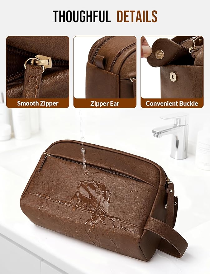 PU Leather Toiletry Bag for Men - Water Resistant Travel Bag for Toiletries, Bathroom Essentials, Accessories - Brown