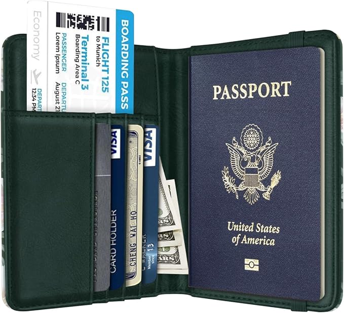 Passport Holder Cover, RFID Travel Wallet Credit Card Holder Cute Green Floral Passport Book Holders for Women with Elastic Band and Golden Metal Decoration, Alpine Green