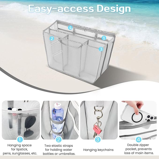 XYFuuee Beach Bag Organizer Insert for XL Simple Modern Bag Accessories with 8 Removable Metal Fasteners, Extra Large Lightweight Mesh Inserts Divider Pouch, Organizing Rubber Tote, Save Space, Gray