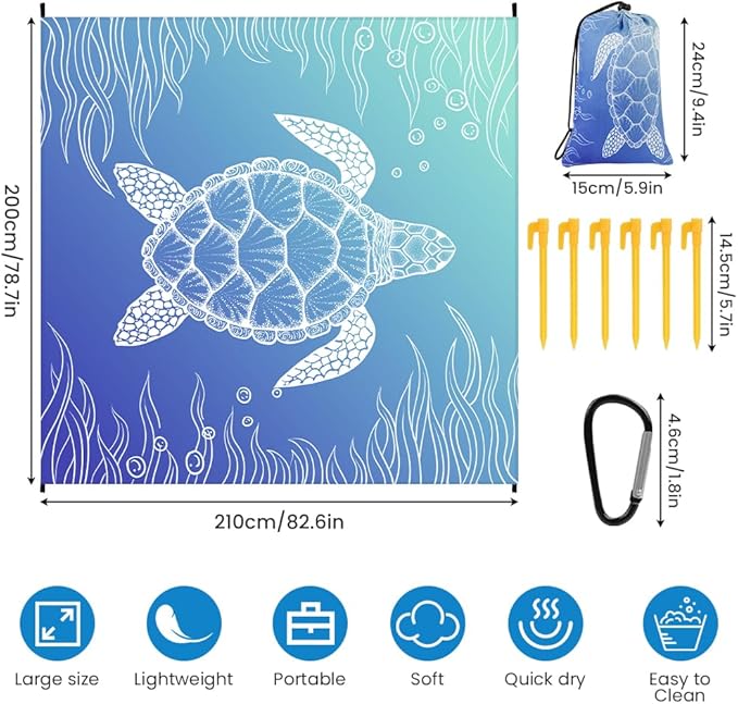 Ainiv Beach Blanket, Large Picnic Mat 210 x 200 cm (4-6 People) Foldable, Sandproof Waterproof, Camping Outdoor Blanket with 6 Fixed Nails for Beach, Hiking, Picnic
