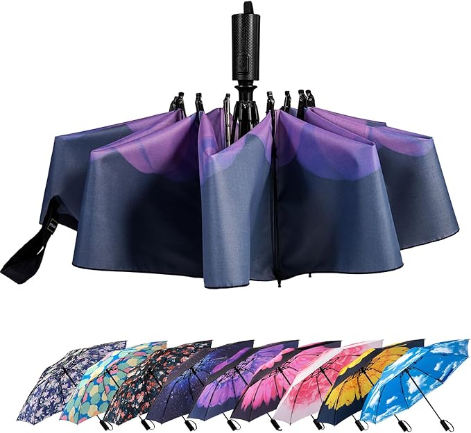 LANBRELLA Compact Reverse Folding Umbrella Auto Windproof Travel Umbrella