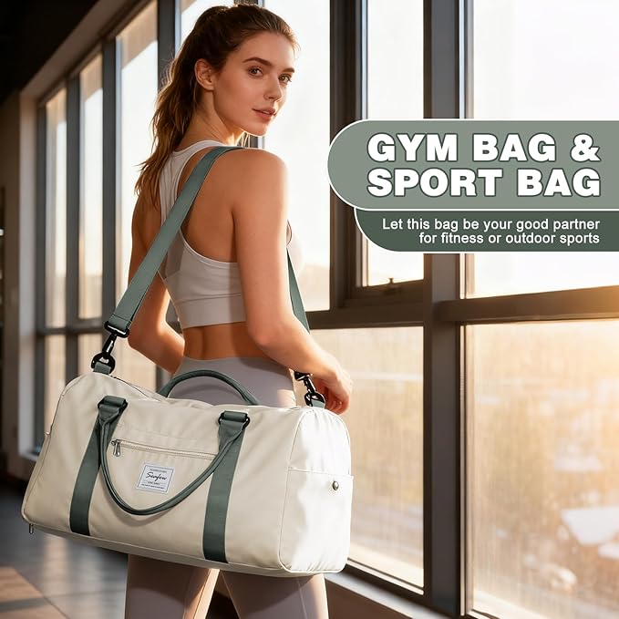 Weekender Duffel Bags for Women & Men - Airplane Travel Totes with Wet Pocket & Shoe Compartment - Labor & Delivery Hospital Bag, Beige Green