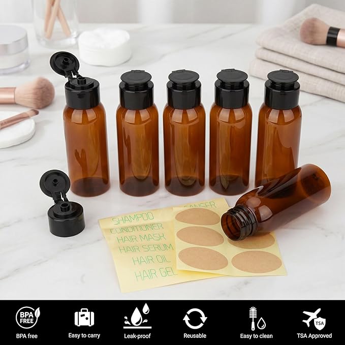 6 Pack 3.4oz Travel Bottles for Toiletries Leak Proof Travel Size Toiletries Wide Mouth Containers TSA Approved Squeeze Bottles with Flip Cap for Shampoo Conditioner Body Wash Lotion(Brown)
