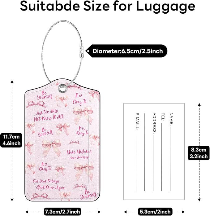 2 Pack PU Leather Luggage Tags for Suitcases, Privacy Protection Cover with Stainless Steel Loop and Address Card, Travel Cruise Essentials (Pink Bow)