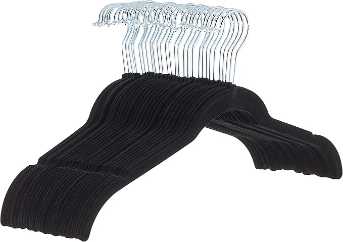 Amazon Basics Space-Saving Slim Velvet Non-Slip Clothes Hangers for Closet Organization with Shoulder Notches, Black/Silver, 30-Pack