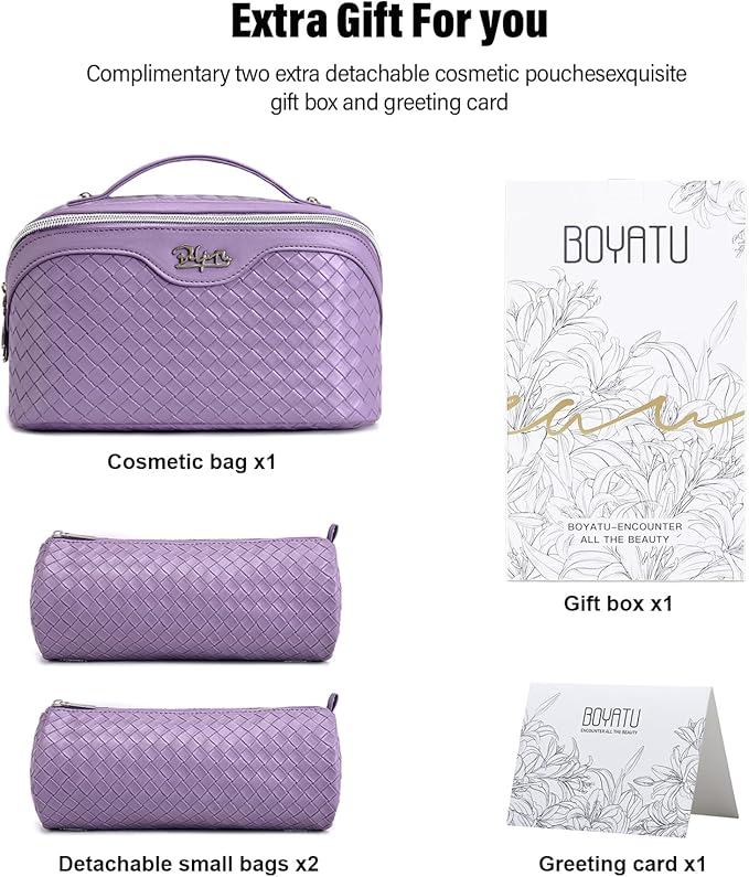 BOYATU Travel Makeup Bag Cosmetic Bags for Women: Large Capacity 3 Pcs Set Make up Bag with Compartments - Waterproof Vegan Leather Toiletry Organizer Bags with Handle (L01 Purple)
