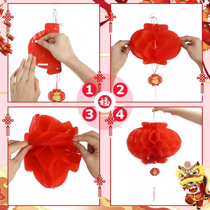 30 Pcs Chinese Japanese Paper Lanterns with LED Light, 2026 Chinese Lunar New Year Decoration Cherry Blossom Red Hanging Lanterns for Spring Festival Home Decor(Multi Size,Red, White, Black)