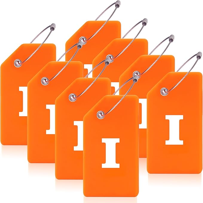 Gostwo 8 Pack Luggage Tags for Suitcases, 26 Initial Letter Travel Luggage Baggage Identification Labels ID Tags Fully Bendable Tags with Stainless Steel Loop (Letter I, Orange)