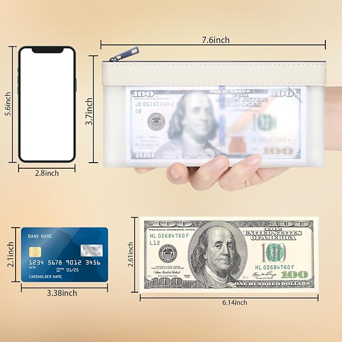 4 Pieces Money Bags With Zipper, Cash Envelopes,7.6 x 3.7 inch Money Pouch, Clear Bank Deposit Bags, Bank Bag, Cash Bag, Coin Bag for Collectors, Multi-Purpose Check Wallet （White）
