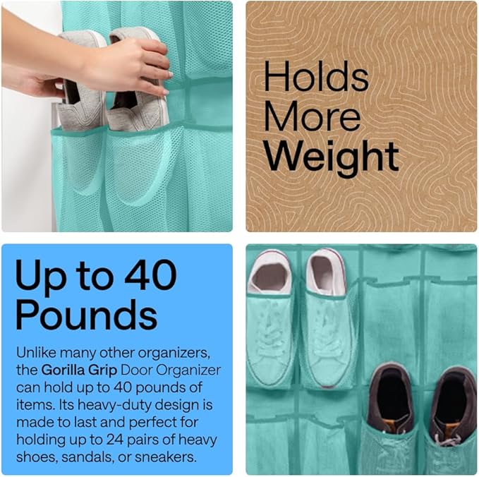GORILLA GRIP Over the Door Shoe Organizer, 24 Large Breathable Mesh Pockets, Space Saving Hanging Storage Holder, Closet Rack Hanger Holds Up to 40 lbs, Hangs on Closets, Shoes, Accessories, Turquoise