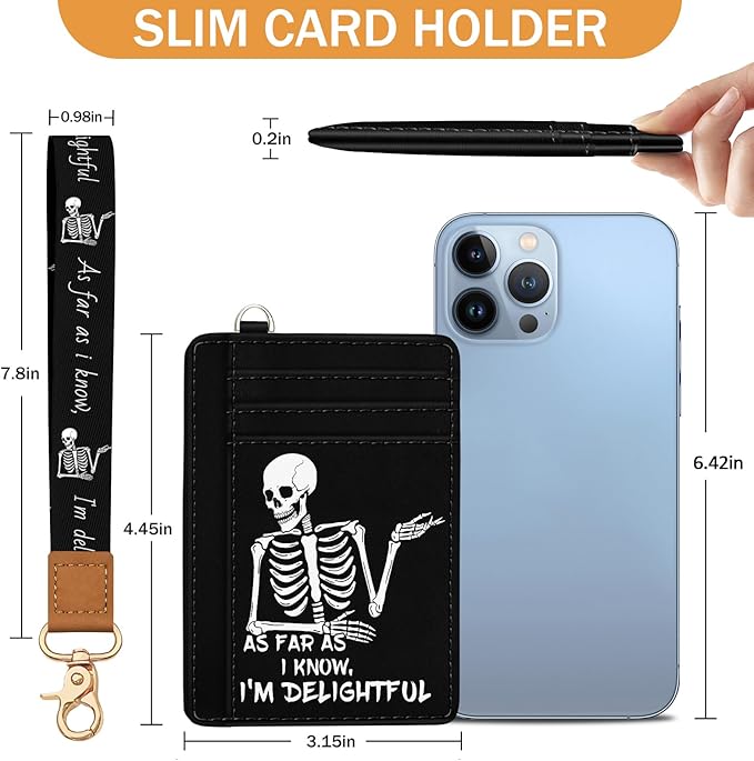 Yonlevres Skeleton Credit Card Holder Slim Wallet, RFID Wallet Women Front Pocket Wristlet Lanyard, Small Card Holder Travel Cute Thin Card Case ID Window PU Leather Funny Card Organizer Gifts Girls