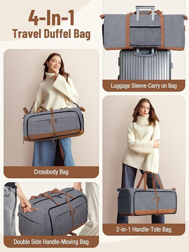 Lekesky Foldable Travel Duffel Bag for Women, 60L Large Duffle Bag with Separate Shoes Compartments & Straps, Carry On Weekend Bag for Women, Hospital, Overnight(Grey)