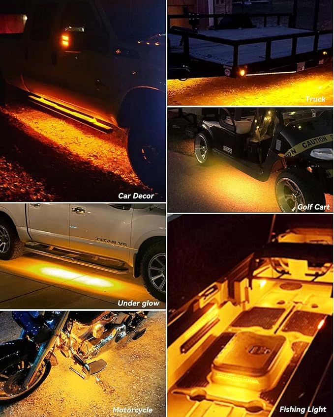 Keiurot 12V Amber LED Strip Lights for Cars, 12-Inch Connectable 4-Pack | IP68 Waterproof Flexible for Cars Motorcycle Golf Cart Boat Marine,100 cm 22 AWG Lead Wire, Strong Nano Adhesive Backing