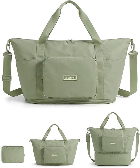 BAGSMART Foldable Travel Bag, 37L Duffle Bag for Travel, Expendable Carry on Weekender Duffel, Lightweight Personal Item Bag, Grayish Green