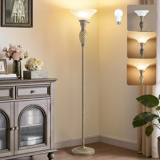 70" Torchiere Floor Lamps with NightLight, Standing Lamp with Glass Shade | Vintage Floor Lamp for Living Room, Bedroom, Office - Retro Floor Lamps with Rotary Switch, Home Decor, Bulb Included