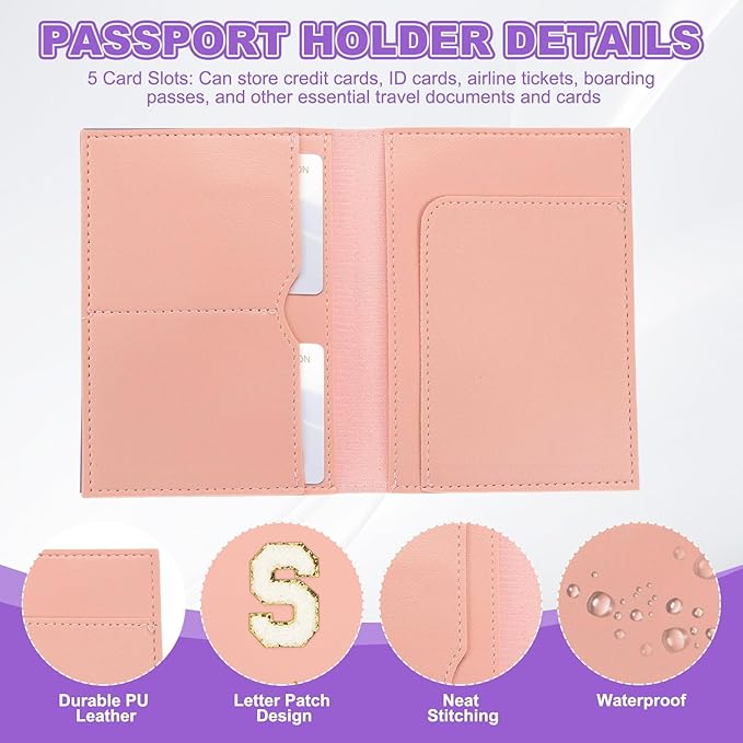 PATIKIL Passport Holder for Travel, Initial Passport Cover and Luggage Tag Set with Alphabet Chenille Letter Patch Travel Wallet Bag Suitcase Identifier for Women Family Travel Pink S