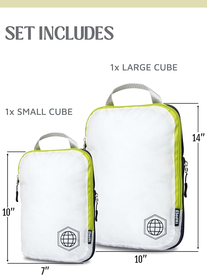 Compression Packing Cubes 2 Piece Set for Carryon Suitcases- Lightweight, Durable Clothes Organizer (White and Green)