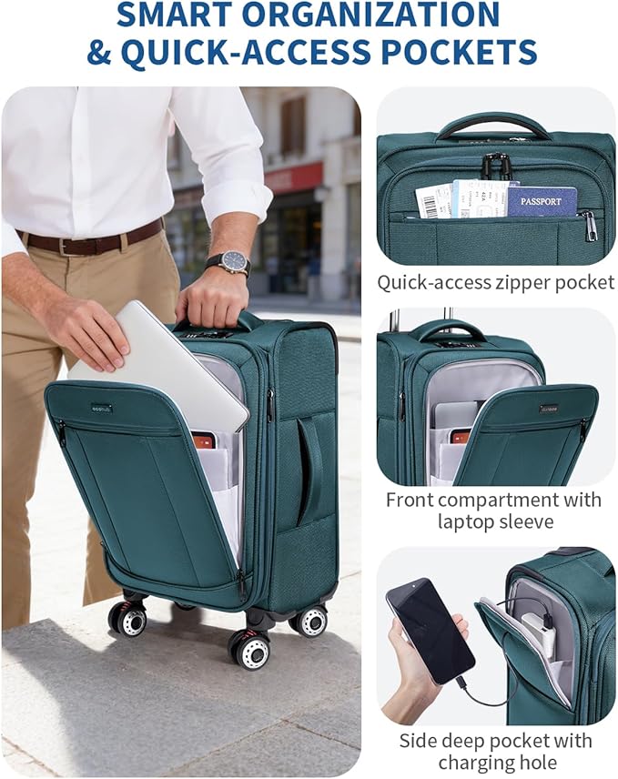 ECOHUB Carry On Luggage Airline Approved, 20 Inch Softside Carry On Suitcase with Spring Shock-Absorbing Spinner Wheels, Lightweight Travel Luggage with TSA Lock, 22x14x9 Carry-On Bag