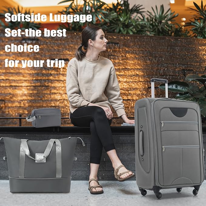 Luggage Sets Softside Expandable 3 Piece Set Lightweight Suitcase with Duffel Bag Upright Spinner Softshell, TSA Lock Carry On for Business for Family Travel (Grey, 22"/26"/30")