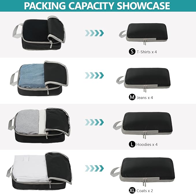 Compression Packing Cubes for Travel, 4 Set Expandable Packing Organizers, Lightweight Luggage Organizer Bags, Travel Essentials for Carry on, Handy Helper for Organizing Clothes，Black
