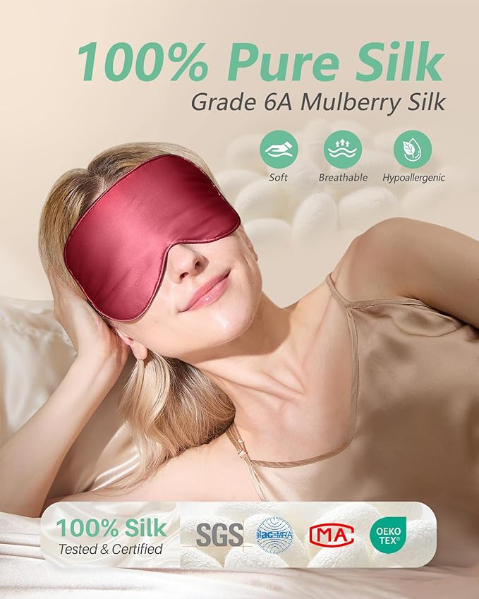 BeeVines 100% Real Mulberry Silk 2 Pack Sleep Mask, Pure Silk Eye Masks with Adjustable Strap for Sleeping, 100% Block Light Eye Shade Cover, Reduces Puffy Eyes Traveling Gifts(Black & Red)