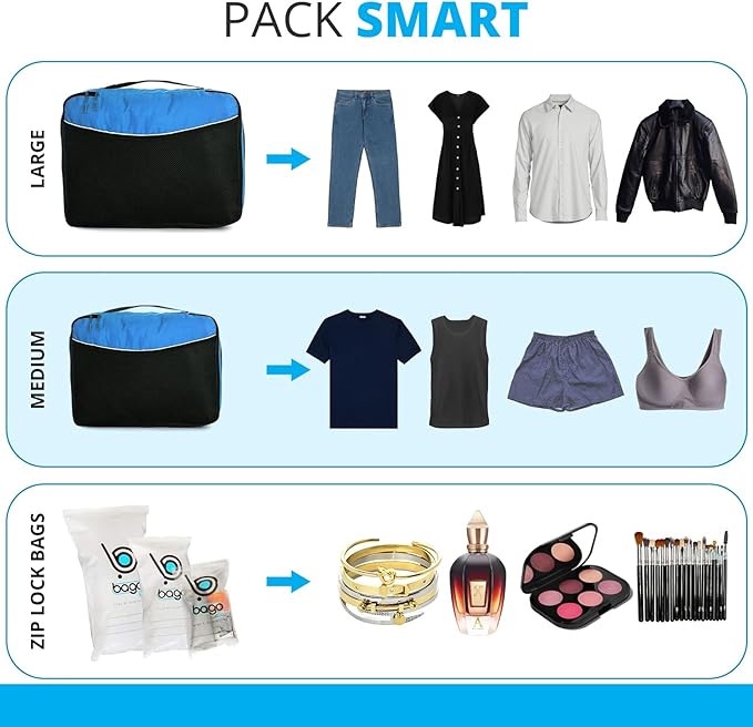 Bago Packing Cubes for Suitcases - 7Pcs Luggage & Suitcase Organiser Bags Set - Compression Packing Cubes for Travel Accessories Essentials - 4 Cubes plus 3 Sealed ZipBags (Blue), Blue, 4pcs Set,