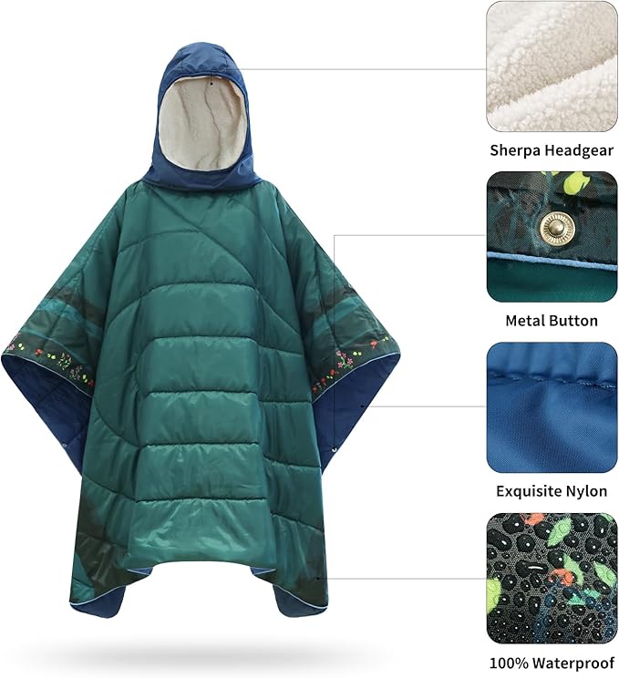 Camping Blanket, Poncho Wearable Hoodie Blankets Outdoor Waterproof Windproof Warm Durable & Portable for Stadium, Concerts, Car,Travel, Beach, Picnic, Grass,75 * 52 inch