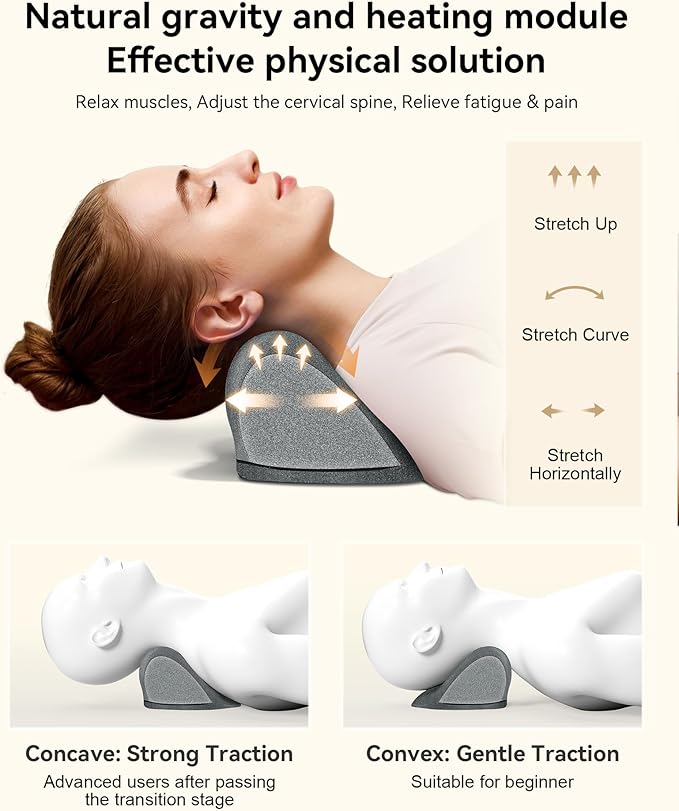 Heated Neck Stretcher for Pain Relief - Neck and Shoulder Relaxer Graphene Heated Cervical Traction Device Neck Pillow Corrector Chiropractic for TMJ Pain Relief and Cervical Spine Alignment Grey