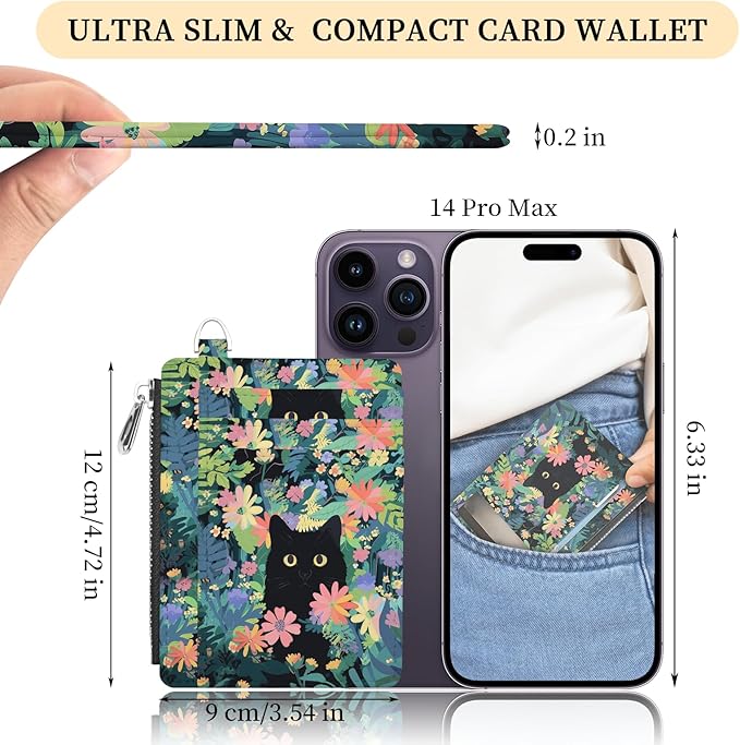 Hancynir Slim Wallet Women Credit Card Holder Flower Black Cat Green RFID Small Mini Card Case Front Pocket PU Leather Thin Travel Zipper Coin Cash ID Window Girls Wallet Gifts