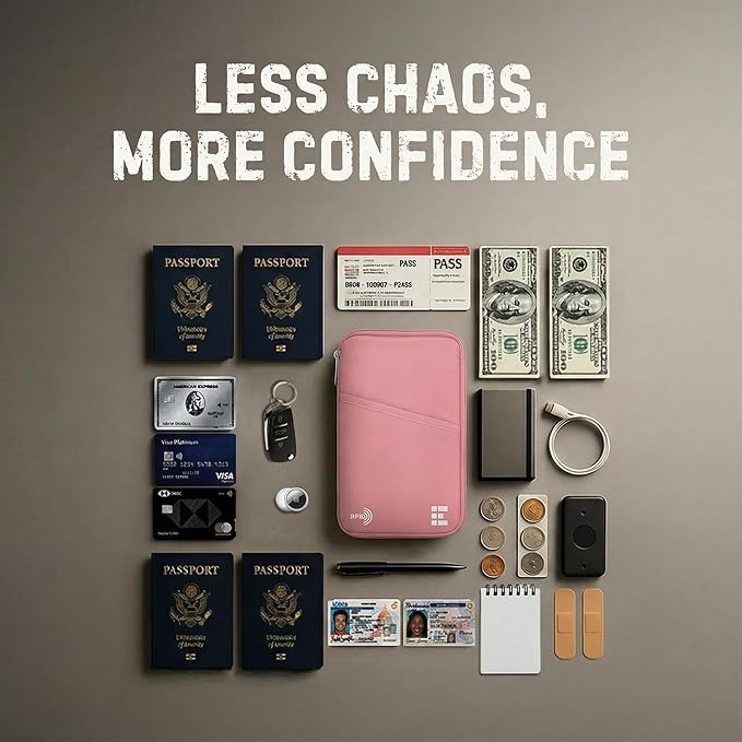 Zero Grid RFID Family Passport Holder for up to 6 Passports, Large Zippered Wallet for Men & Women, Fits Cards, Cash, ID, Sim Card; Premium & Compact Travel Document Holder - Rose Pink