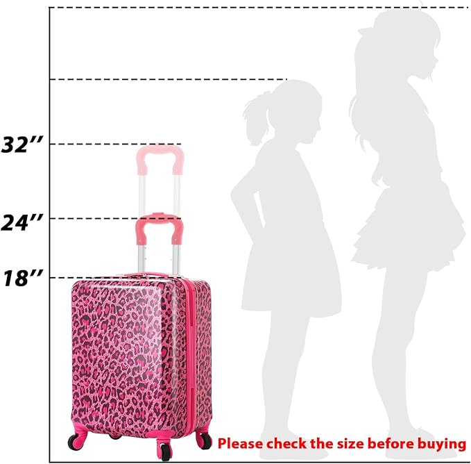 Redbaker 17 Inch 6 Pcs Kids Luggage Set Kids Rolling Luggage Double Pattern Suitcase for Boys Girls (Hot Pink, Leopard Print Style)